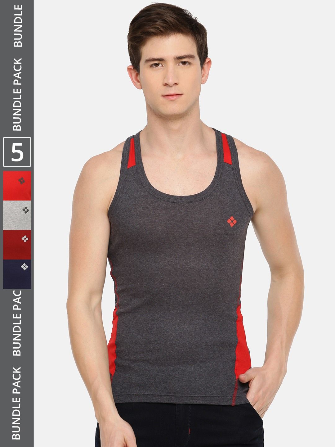 Men's Assorted Pack of 5 Solid Combed Cotton Racerback Styled Gym Vest