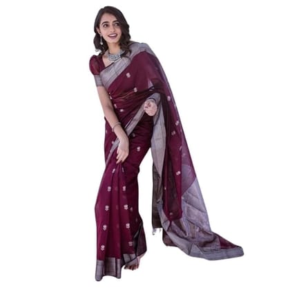 Women's Cotton Printed Saree With Unstitched Blouse 5.5Mtr (Maroon)-PID60235