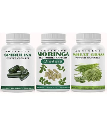 Agri Club Spirulina Capsules 60pcs, Moringa Capsules 60pcs, Wheat Grass Capsules 60pcs, (Pack of 3)