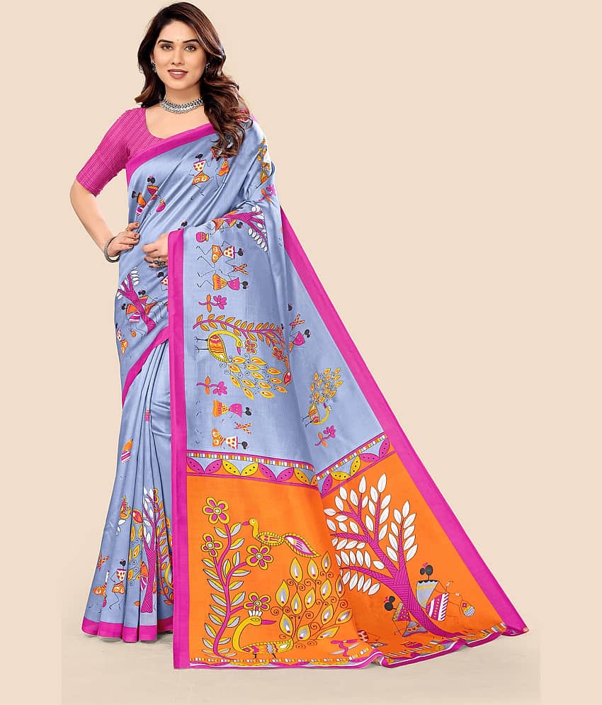 Kanooda Prints Art Silk Printed Saree With Unstitched Blouse Piece ( Turquoise )