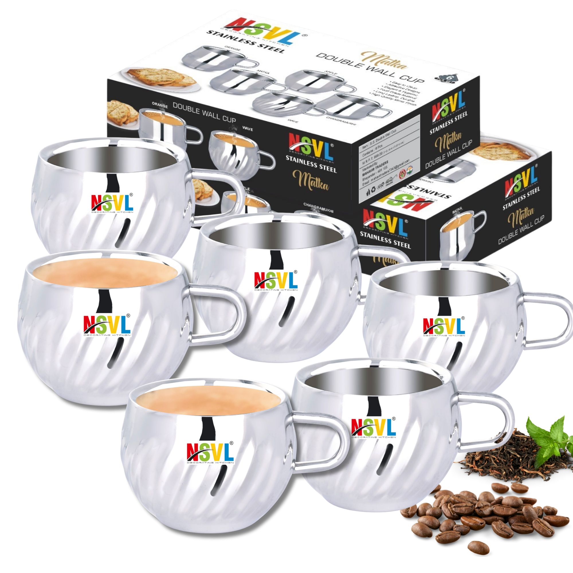 Nsvl 100% Stainless Steel Waves Tea Cups Set of 6 Pcs | Double Wall Tea & Coffee Cups | Mirror Finish Cups | Laser Design, Break Resistant