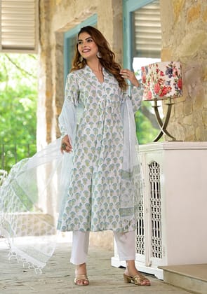 White & Green Floral Handblock Printed Cotton Anarkali Kurta Set-S