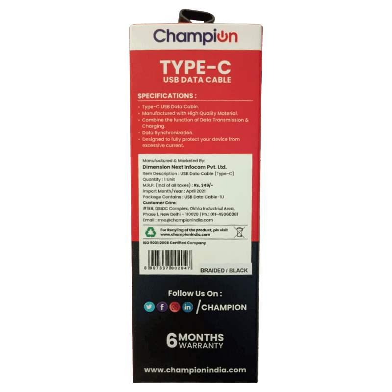 Champion USB to Type-C 2.4Amp Data Sync & Charging Cable Braided 1M for all Android & Type-C Devices (Red)
