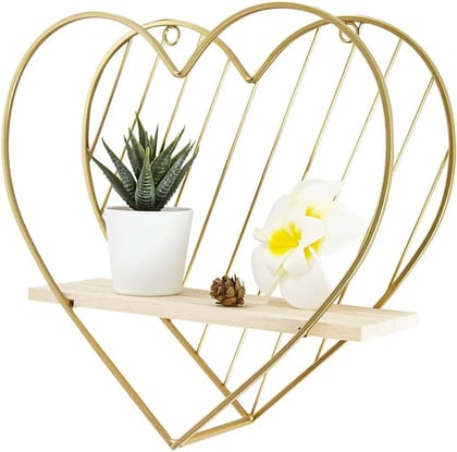 Gold Metal Heart Wall Shelves - Wooden Floating Shelves