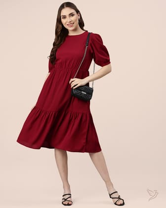 Solid Wrinkle Dress - Mehandi Maroon-XS / Mehandi Maroon