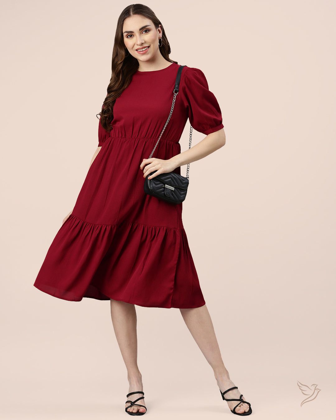 Solid Wrinkle Dress - Mehandi Maroon-XS / Mehandi Maroon