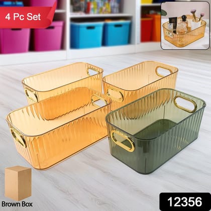 Premium Ribbed Transparent Storage Basket with Gold Handle – Multipurpose Kitchen &amp; Home Organizer Box (25x14cm / 4 Pc)