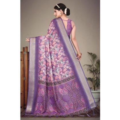 womens cotton silk printed saree with unstitched blouse 5mtr purple pid63887