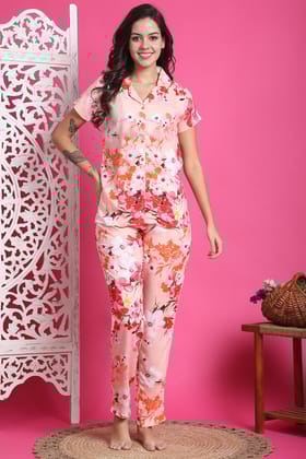 Pink Color Floral Printed Viscose Rayon Night Suit For Women-S