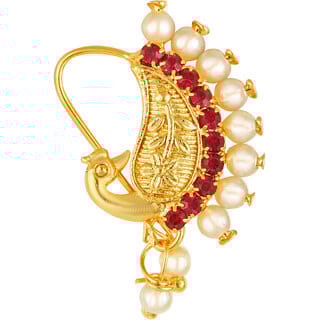 Vighnaharta Gold Plated Red Stone with Peals Alloy Maharashtrian Nath Nathiya./ Nose Pin for women VFJ1006NTH-TAR