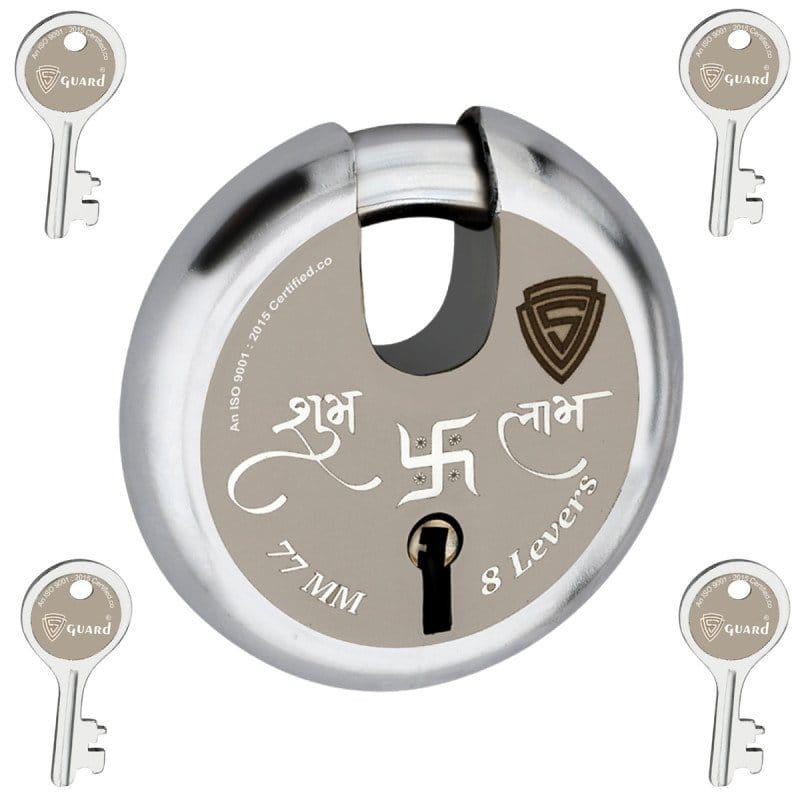 S-GUARD Shubh-Labh Iron-Steel 77MM,8 Levers -4 Keys-Shutter lock for Shop,Godown,Store Gate-Door Lock (Laser Print)