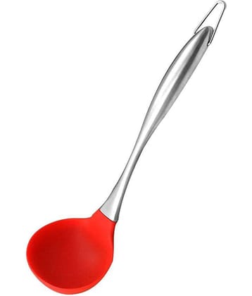 Baskety Silicone Soup Serving Ladle with Stainless Steel Spatula ( Pack of 1, Red)