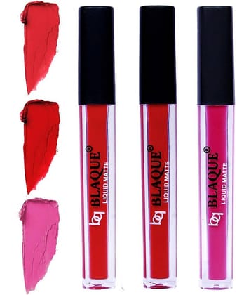 bq BLAQUE Matte Liquid Lipstick Combo of 3 Lip Color 4ml each, Waterproof - Orangish Red, Red, Soft Pink