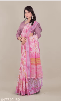 Fancy linen cotton digital printed saree with blouse