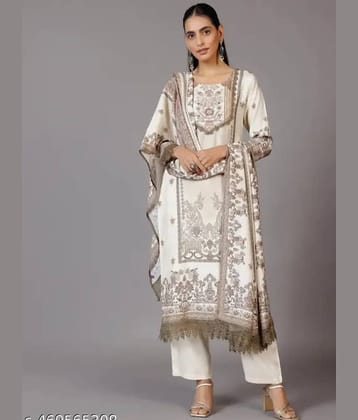 KUNJ CRAETION Women Cotton Blend Printed Straight Kurti With Pants ( Cream )