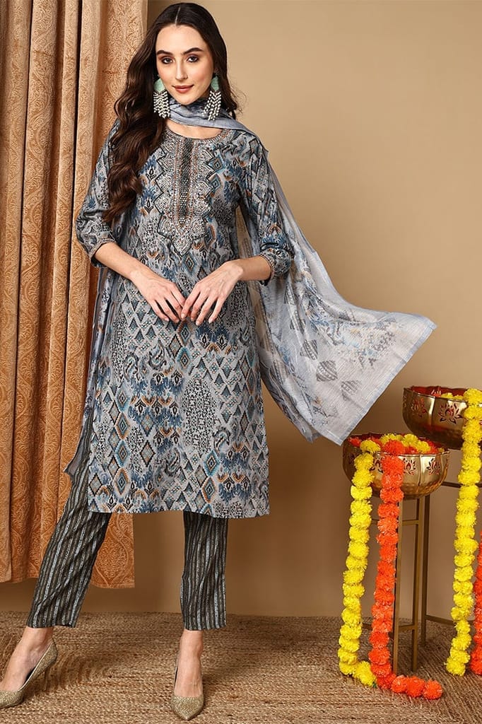 Grey Pure Cotton Ethnic Motifs Printed Straight Suit Set VKSKD2048 - Kurtas & Kurta Sets | Buy online on ZillyBuy