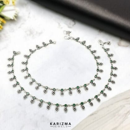 925 Sterling Silver Women Green CZ Oxidised Excellent boho style Anklets Pair 10.5"