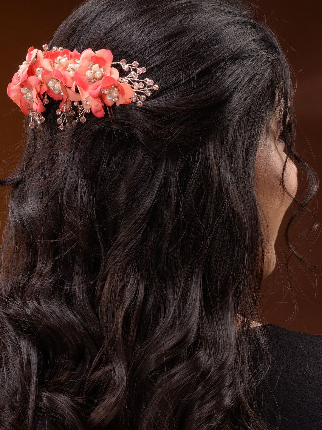 Peach Flowers Pearls & Crystal Embellished Bridal Hair Tiara