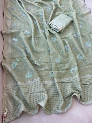 Pure munga silk fabric with beautiful Jaipuri bandej zari waiving work all over saree