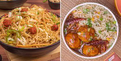1 x Desi Veggie Noodles, 1 x Manchurian Gravy Rice Bowl