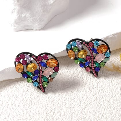 Rainbow Heart Love Black Crystal Multi Gamestone Stud Earring For Women