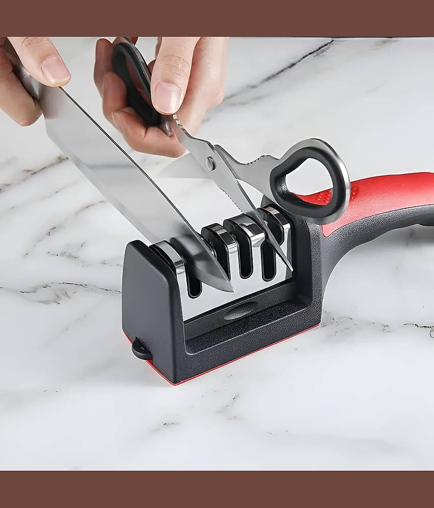 Shopeleven Manual Red Knife Sharpener 3 Stage Sharpening Tool for Ceramic Knife and Steel Knives