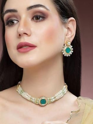 Lime Green Beads and Pearl Beaded Green Polki Kundan Choker Necklace Set-Free Size