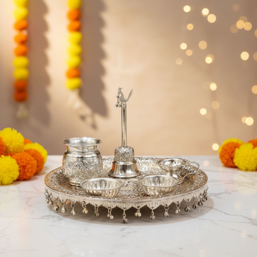 Brass Puja Thali Set | Complete Pooja Plate Set For Home Mandir, Height : 1.5 Inch (ZMAS609 C)