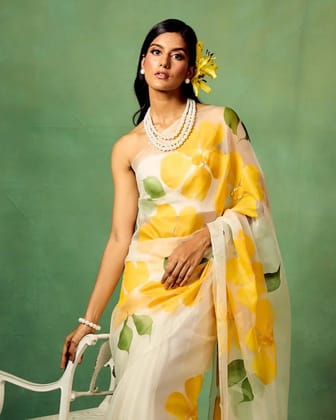 White Pure Organza Saree with Hand-Painted Oversized Yellow Floral Motifs & Sequin Accents | Satin Blouse-Regular