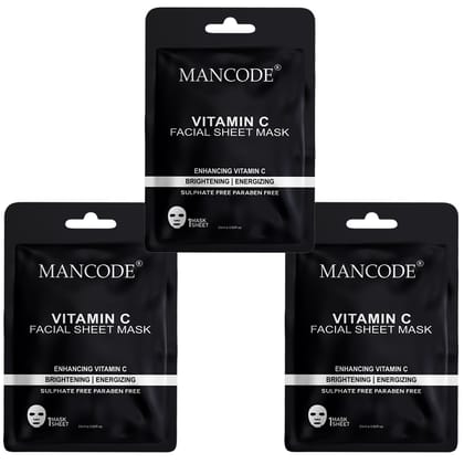 Mancode Vitamin C Facial Sheet Mask Pack of 3 | Brightening, Hydrating & Skin Glow Boosting Face Masks