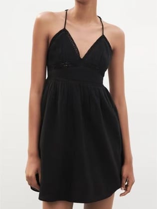 V Neck Embroidered Lace A Line Dress-S / BLACK