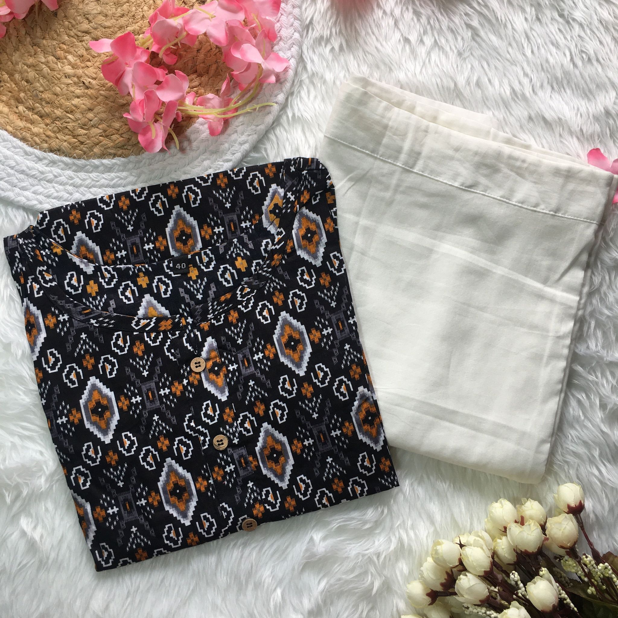 Black White Ajrakh - Cord Set - White Pant  - Pure Cotton-40 - L