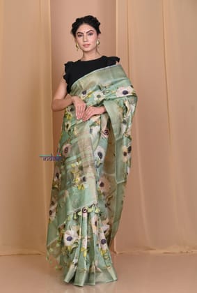 Pehal~ Authentic Sea Green Tussar Moonga Saree with Floral Print.