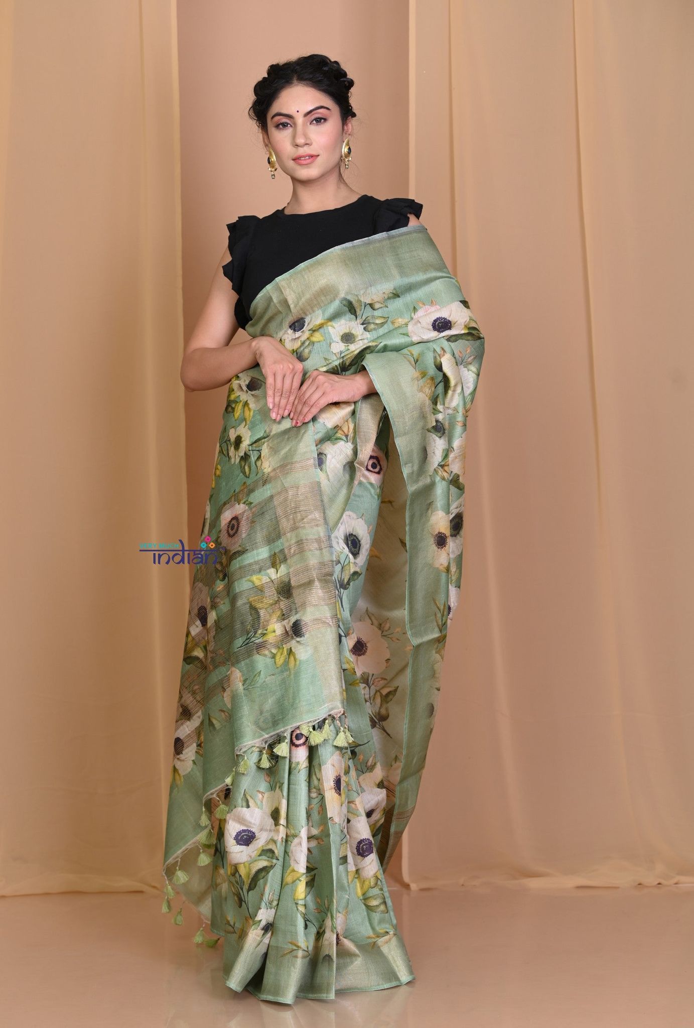 Pehal~ Authentic Sea Green Tussar Moonga Saree with Floral Print.