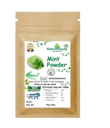 Nutriesfoods Pure & Natural Mint Powder | Nature Our Future | Sun-Dried Mint Leaves Powder (Pudina) | Vegan & Gluten-Free | Fresh Aroma & Cooling Flavor 100 g Pack
