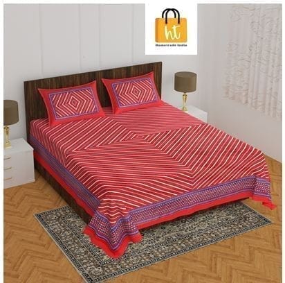 3001-Hometrade India-Standard King Size (90*108 Inches)-Pure Cotton Jaipuri Double Bedsheet With Matching Pillow Cover