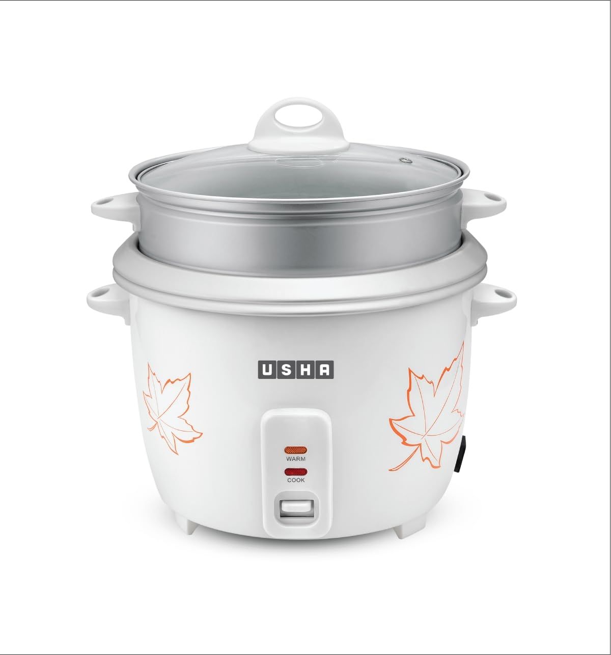USHA RC18GS2 Steamer 700 Watt Automatic Rice Cooker 1.8 Litres with Powerful Heating Element, Keep Rice Warm for 5 Hrs, 2 Cooking Pans, Steamer, Trivet Plate & more accessories, 5 Yrs Warranty - White