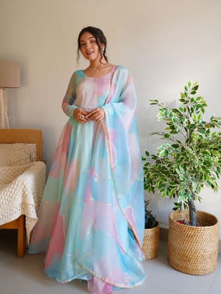 Printed & Hand Worked Pure Soft Organza Silk Anarkali Suit
