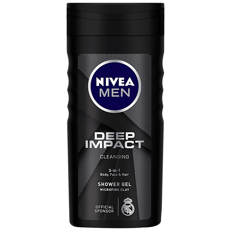 Nivea Men Body Wash, Deep Impact, 3-In-1 Shower Gel For Body, Face & Hair, With Microfine Clay, 250 Ml