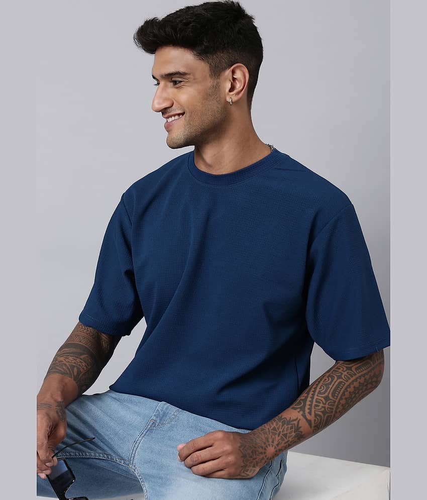 LEWEL Polyester Oversized Fit Solid 3/4th Sleeves Men's Round T-Shirt - Blue ( Pack of 1 )
