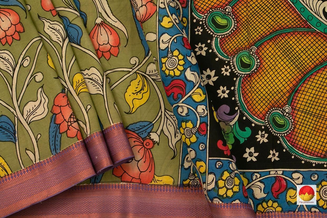 Green Kalamkari Bangalore Silk Saree With Zari Border Handpainted Organic Dyes For Office Wear PKBS 556