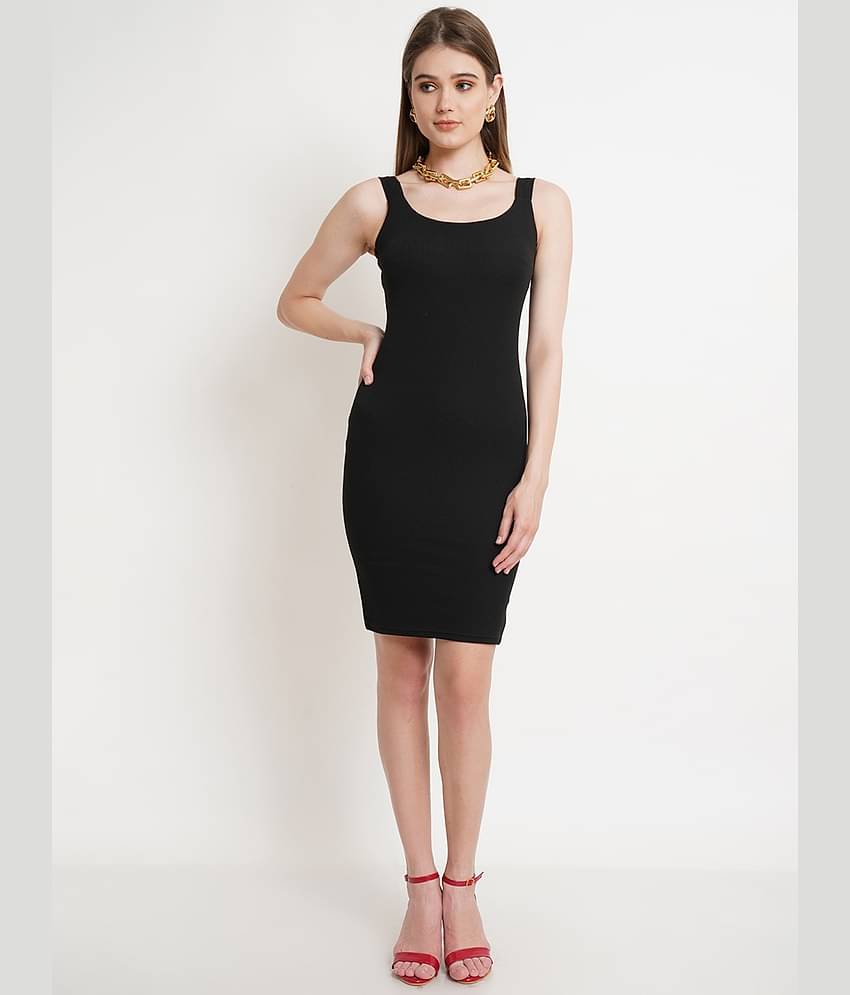 POPWINGS Women Polyester Solid Bodycon Dress ( Black )