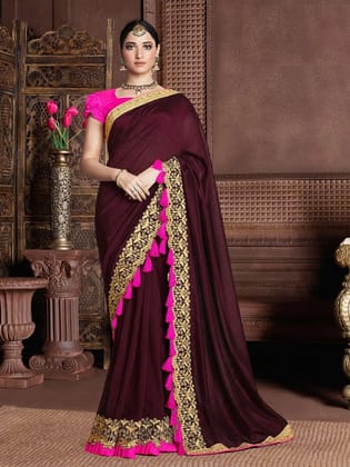 Pleasant Coffee Colored Party Wear Embroidered Silk Saree