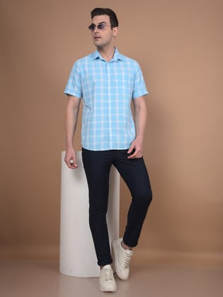 Blue Checked Linen Shirt-M / Blue