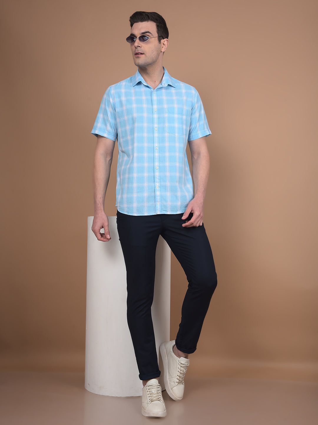 Blue Checked Linen Shirt-M / Blue