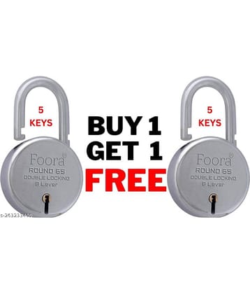 Foora Lock and Keys Door Lock for Home - Round 65mm Pack of 2 Padlocks with 5 Keys, 8 Lever Double Locking, Gate & Shop Shutter, Silver Finish