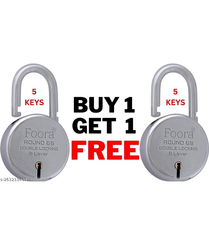 Foora Lock and Keys Door Lock for Home - Round 65mm Pack of 2 Padlocks with 5 Keys, 8 Lever Double Locking, Gate & Shop Shutter, Silver Finish