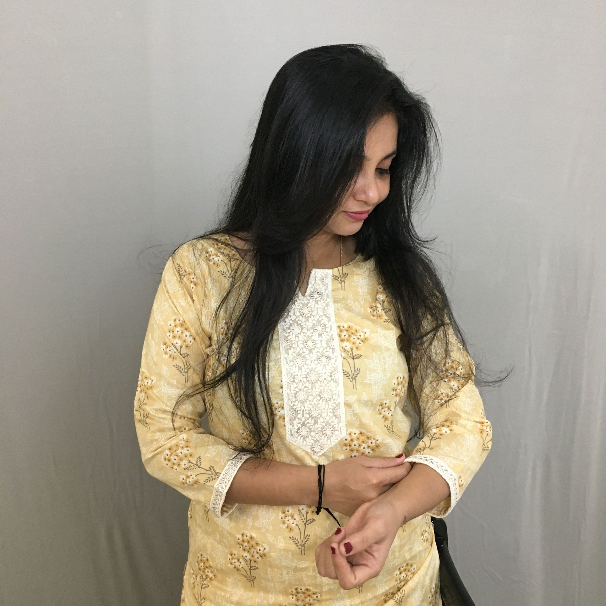 Cream Flower Print Kurti Set-38 - M