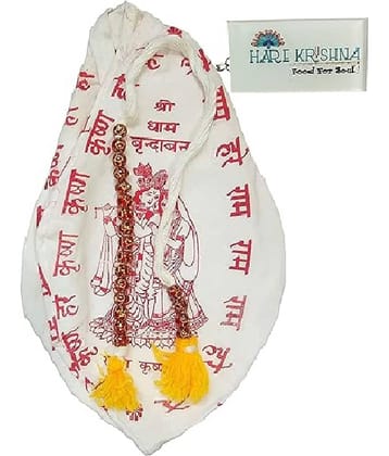 Hare Krishna Food For Soul White Printed Jholi | Potli Bag | Cotton Gomukhi Bag Japa Mala Bag/Gaumukhi 1 ( Pack of 1 )