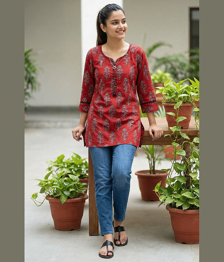 Rajnandini Women 100% Cotton Printed Straight Kurti ( Maroon )